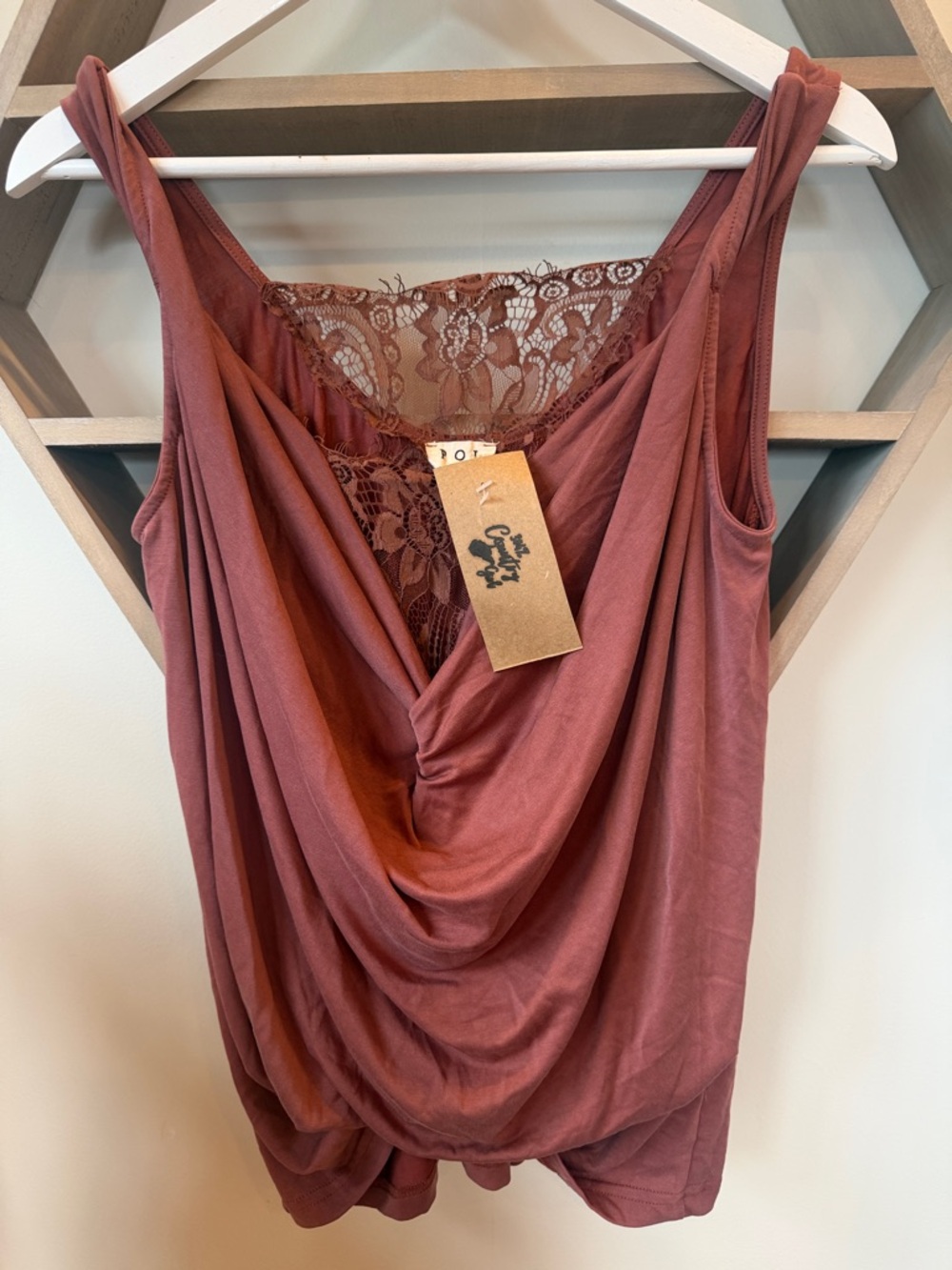 POL Mauve Lace-Trim Draped Tank